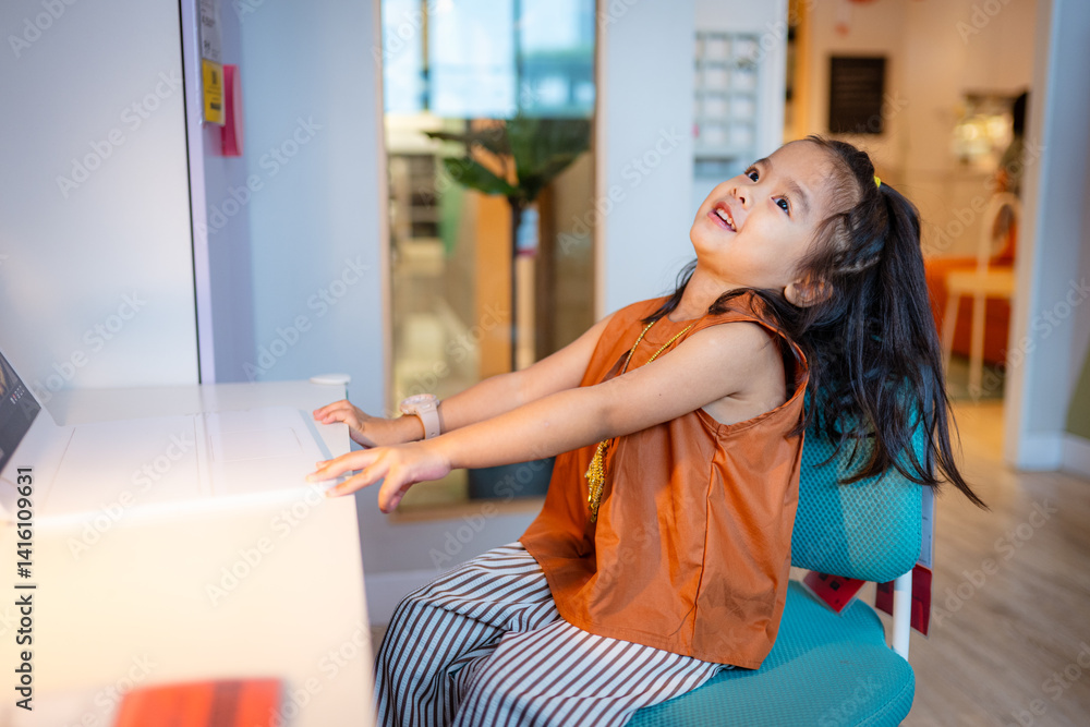 Adorable kids girl enjoy toy in kid room cozy house
