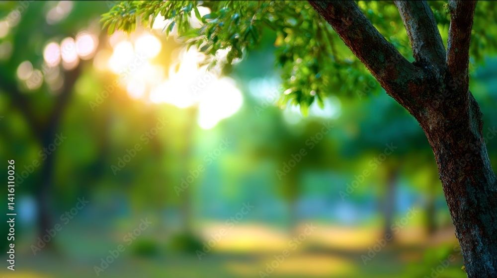 Obraz premium Sunlight Shining Through Green Trees in Park Setting for Serene Escape