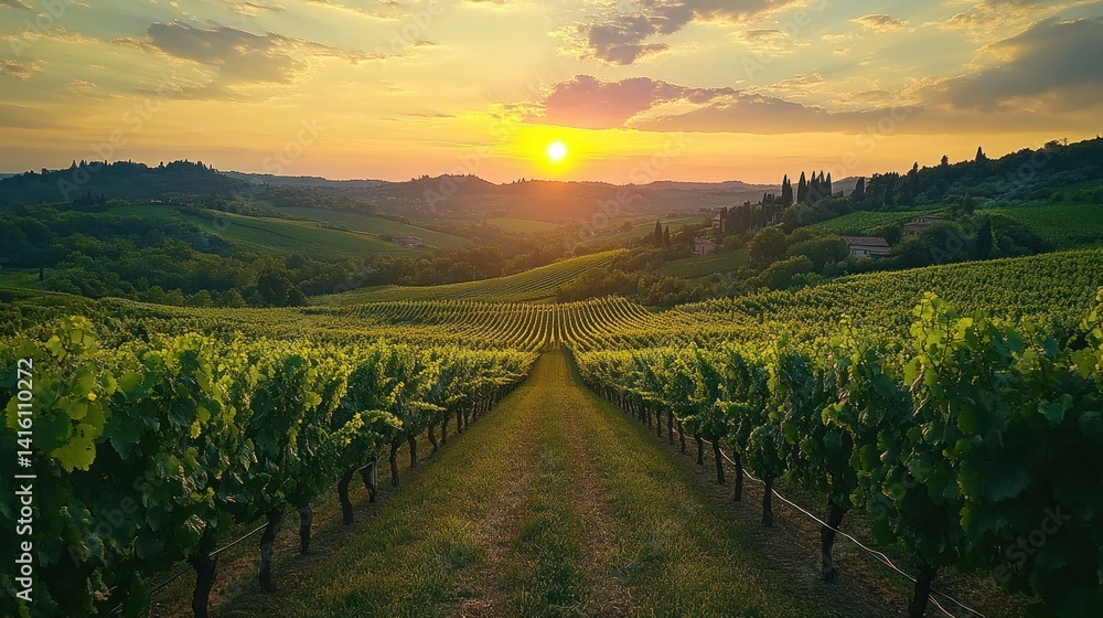 Fototapeta premium Tuscan Vineyard Sunset: Golden Hour in Italy's Rolling Hills