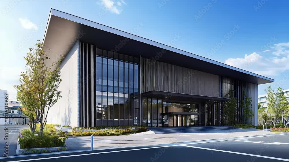 Modern building with sleek lines, large windows, and minimalist design under a blue sky, surrounded by trees and greenery Modern building with sleek lines, large windows, and minimalist design under a blue sky, surrounded by trees and greenery