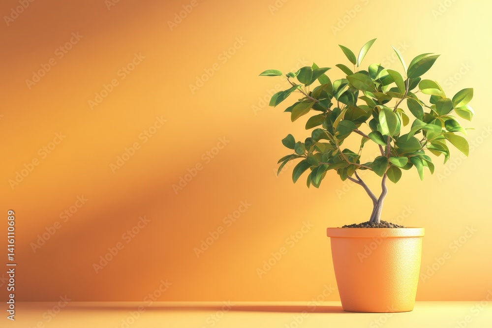 Fototapeta premium Muted orange backdrop highlights potted plant.