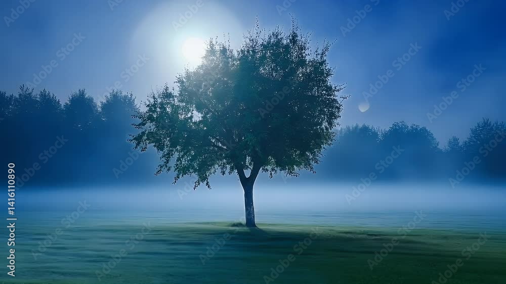 Lone tree standing in foggy field under full moon Lone tree standing in foggy field under full moon