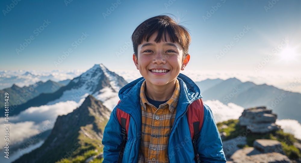 Naklejka premium kid Asian boy in cloudy top of mountain sunny peak portrait smiling happy landscape background ad concept with copy space