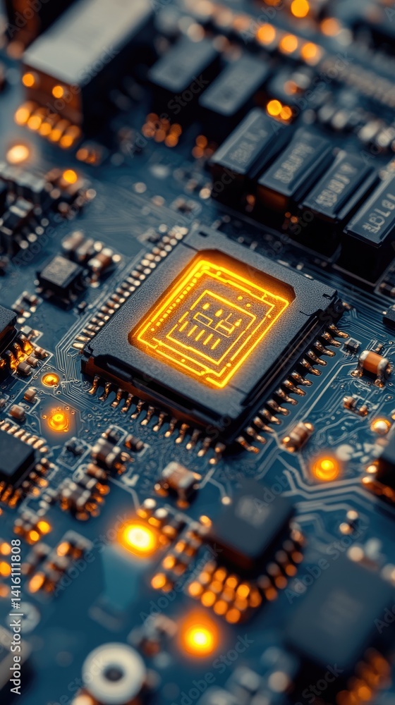 Intricate circuit board, detailed elements, glowing components, modern tech Intricate circuit board, detailed elements, glowing components, modern tech