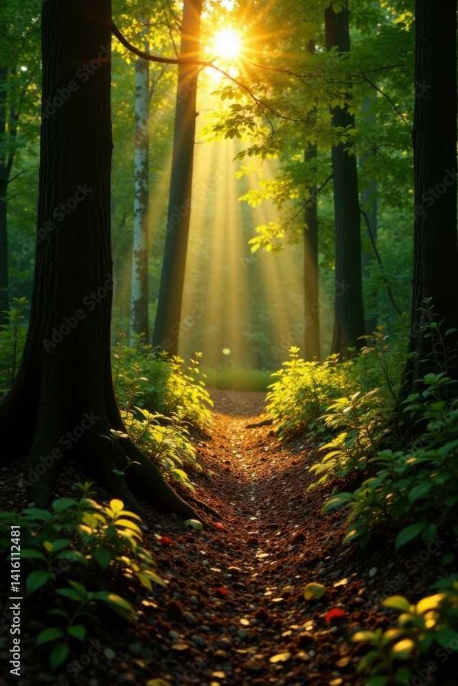 Obraz premium Warm sunlight casts dappled patterns on forest floor, , branches