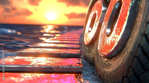 Vibrant Sunset Over Water with Weathered Tires on Dock Plank