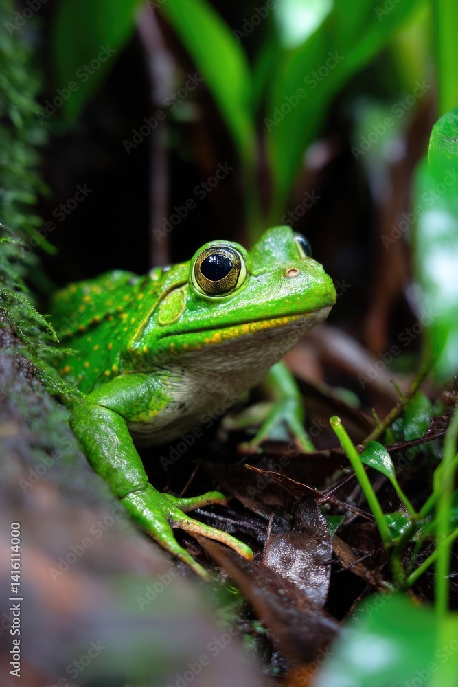 Fototapeta premium The lively emerald frog resides in the rich environment near the Amazon River.
