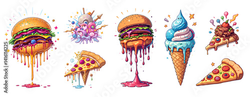 colorful fast food set with burger, pizza, and ice cream with dripping sauces on white background


