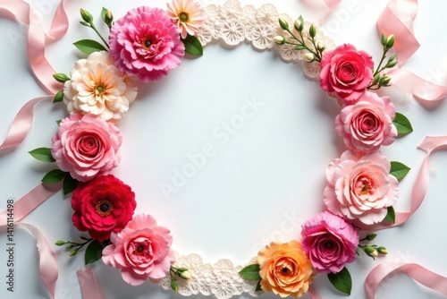 Beautiful flowers in a circular frame with lace and ribbons, ribbons, lace