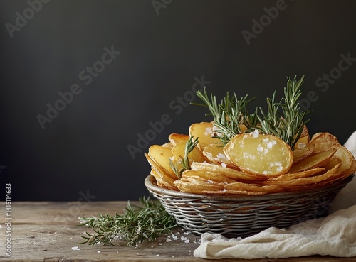 A photograph of a metal basket filled with fried potatoes on a wooden table. On top, there are sprigs of rosemary and a sprinkle of salt. The background color should be a dark gray to create a contras