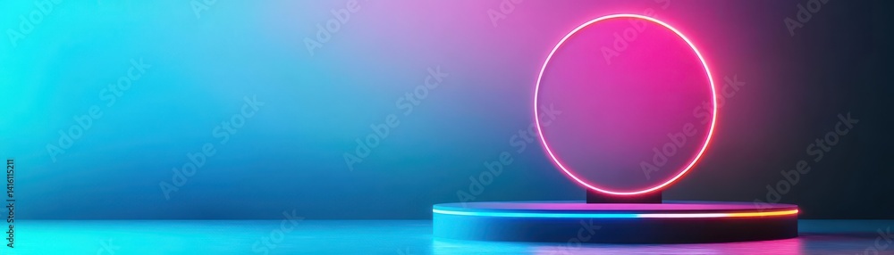 Fototapeta premium Background podium 3D light neon blue platform stage product abstract Scene background 3D podium dark pedestal room glow studio empty stand floor night modern circle show space disp