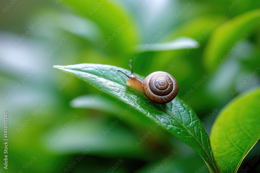 Tiny snail resting on a spiraled green leaf, enjoying the gentle breeze. Tiny snail resting on a spiraled green leaf, enjoying the gentle breeze.