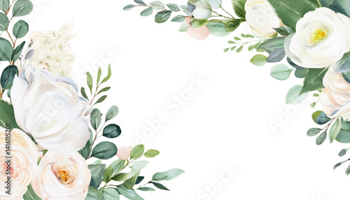 Watercolor white flowers corner border Floral bouquet of creamy peony, ivory rose, sage green foliage, greenery and eucalyptus leaves Hand painted illustration for wedding invitation, background 