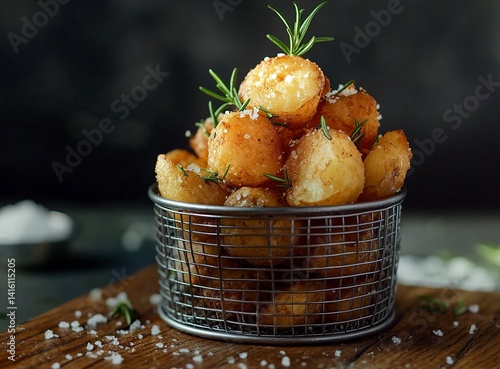 A photograph of a metal basket filled with fried potatoes on a wooden table. On top, there are sprigs of rosemary and a sprinkle of salt. The background color should be a dark gray to create a contras