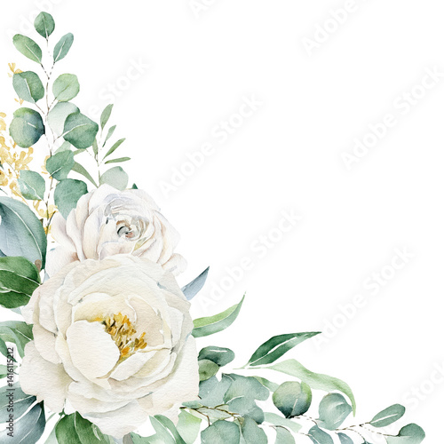 Watercolor white flowers corner border Floral bouquet of creamy peony, ivory rose, sage green foliage, greenery and eucalyptus leaves Hand painted illustration for wedding invitation, background 