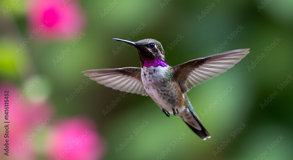 Fototapeta premium Hummingbird in flight showing vibrant iridescent colors in natural setting