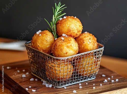 A photograph of a metal basket filled with fried potatoes on a wooden table. On top, there are sprigs of rosemary and a sprinkle of salt. The background color should be a dark gray to create a contras