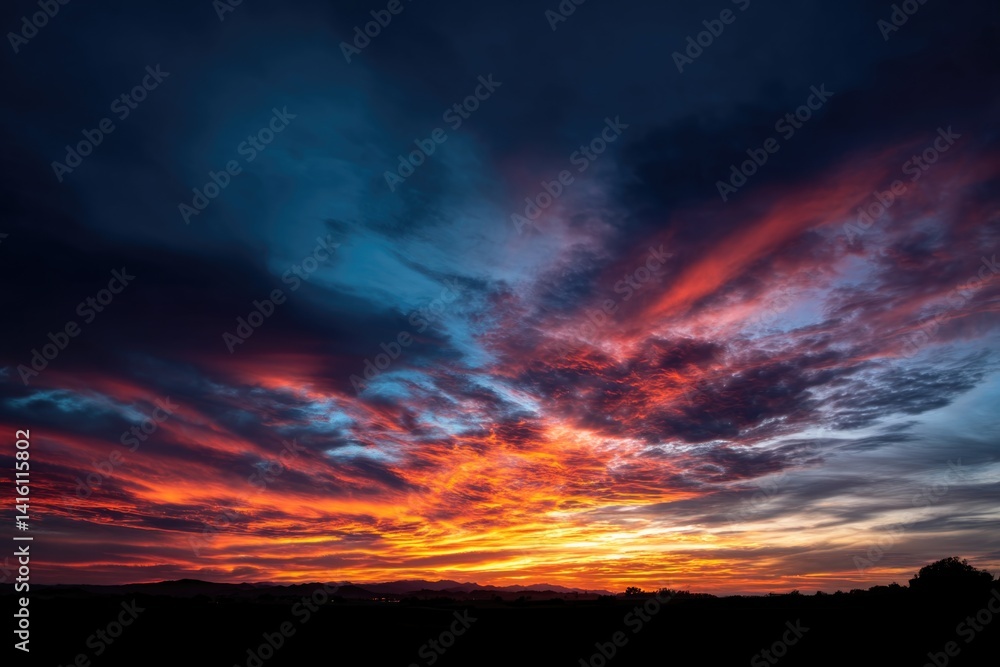 Fototapeta premium Vibrant clouds in various colors fill the sky as the sun sets on the horizon.