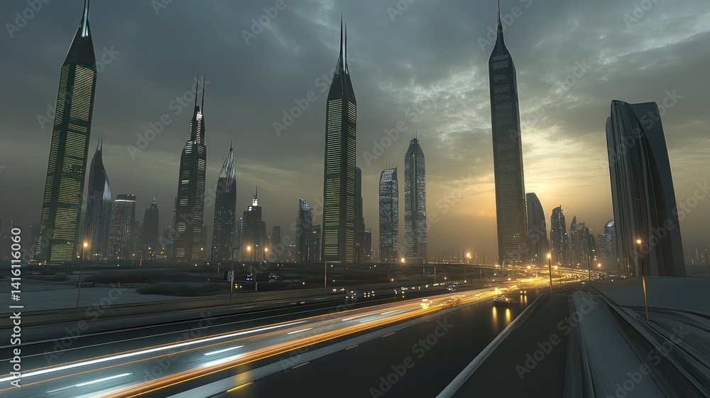 Naklejka premium Futuristic city highway sunset traffic