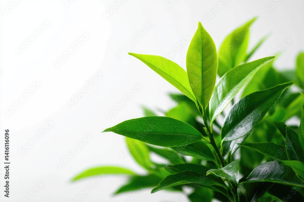 Vibrant green leaves set against a pristine white background, creating a striking contrast. Vibrant green leaves set against a pristine white background, creating a striking contrast.