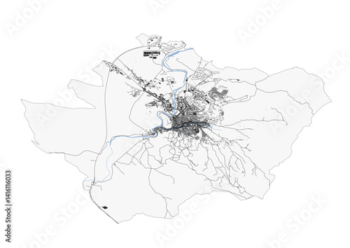 vector map of highway, buildings and waterway in stip, north macedonia with black and white theme colors 