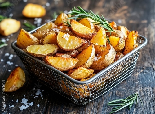 A photograph of a metal basket filled with fried potatoes on a wooden table. On top, there are sprigs of rosemary and a sprinkle of salt. The background color should be a dark gray to create a contras