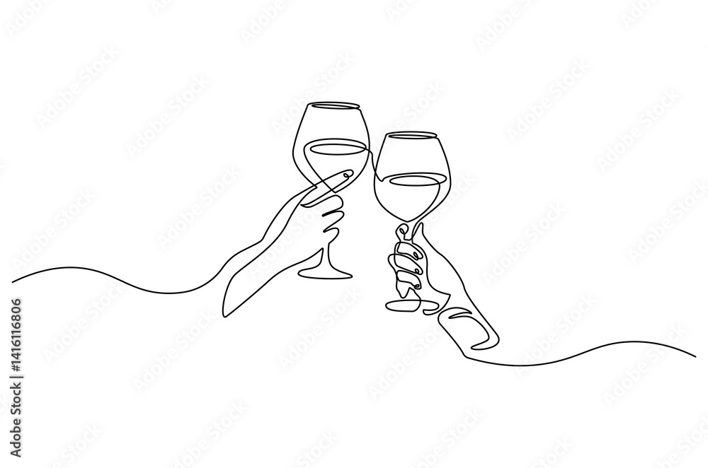 Obraz premium Continuous one line drawing of cheers two glasses with red wine. Single line drawing illustration Hands hold wine clinking glasses. Wine glass concept vector art. Doodle line illustration.