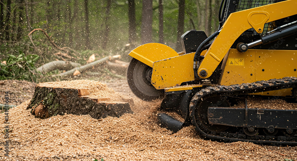 Yellow stump grinder cutting tree stump. Wood chips fly. Wood removal process. Construction equipment. Land clearing, wood waste, landscape. Forestry work. Tree service. Yellow stump grinder cutting tree stump. Wood chips fly. Wood removal process. Construction equipment. Land clearing, wood waste, landscape. Forestry work. Tree service.