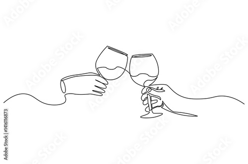 Continuous one line drawing of cheers two glasses with red wine. Single line drawing illustration Hands hold wine clinking glasses. Wine glass concept vector art. Doodle line illustration.