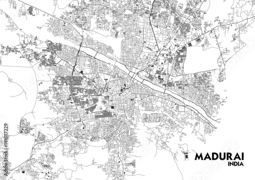 vector map of highway  in madurai, india with black and white theme colors detail