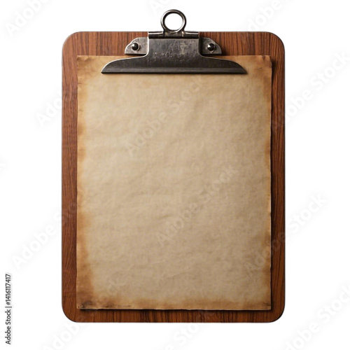A wooden clipboard on a white or transparent background.