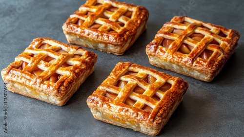 Four Golden-Brown Apple Pies on a Dark Surface