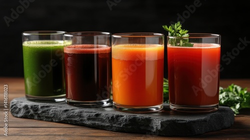 Four fresh juices on wood, dark background