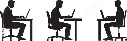 Silhouette Men Working on Laptops at Desks Vector Set