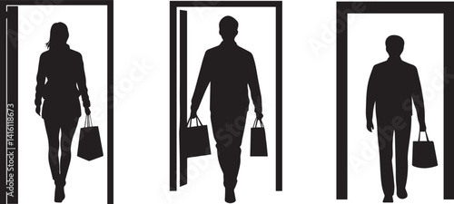 Silhouette People Entering Doorways with Shopping Bags Vector Set