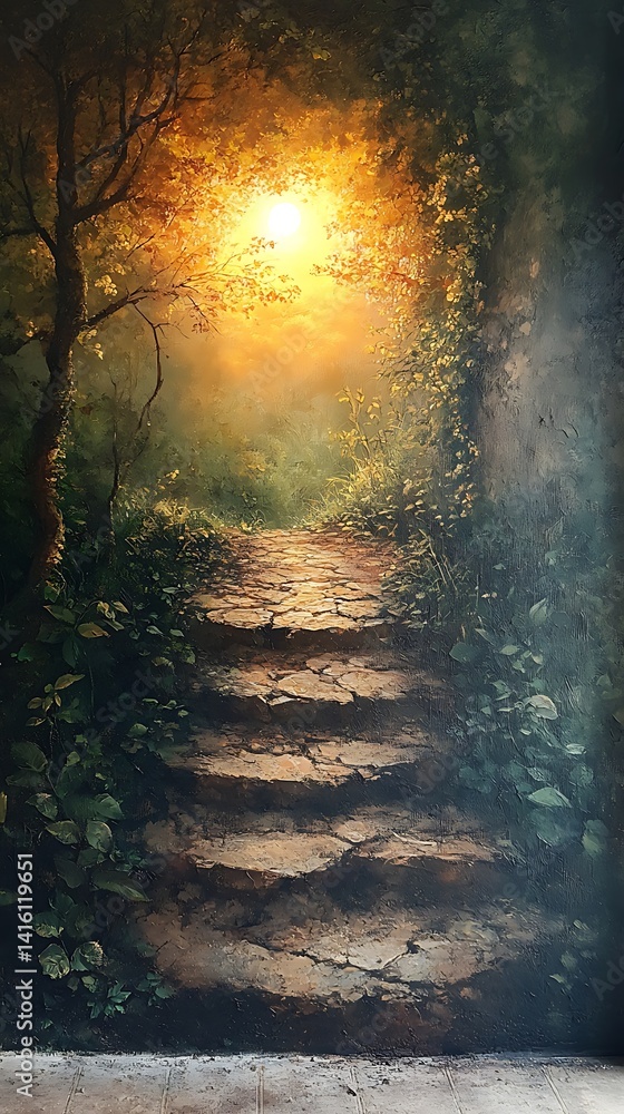Obraz premium Stone Path Leading To Glowing Light In Forest Painting Photo