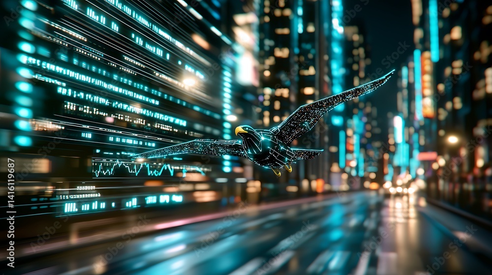 Futuristic Hawk Flying Through Neon Cityscape with Digital Patterns Futuristic Hawk Flying Through Neon Cityscape with Digital Patterns