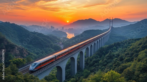 Wallpaper Mural High-Speed Rail Through Majestic Mountains at Sunset Torontodigital.ca