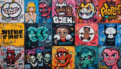 Wallpaper Mural Vibrant Urban Street Art Collage A Colorful Fusion of Graffiti, Characters, and Pop Culture Icons Torontodigital.ca