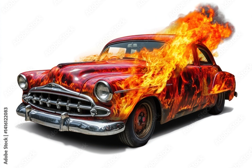 Naklejka premium A classic car engulfed entirely in vibrant flames and smoke