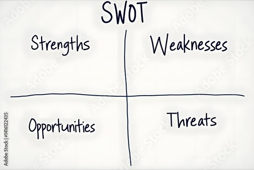 SWOT analysis board highlighting strengths, weaknesses, opportunities, and threats