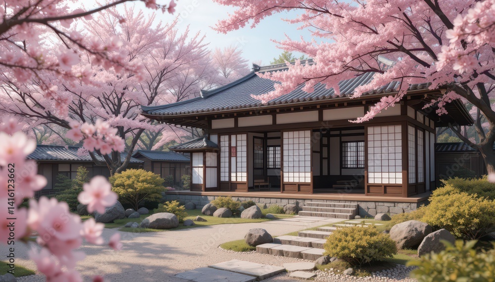 Serene Japanese Temple Amidst Blooming Cherry Blossoms A Digital Painting Serene Japanese Temple Amidst Blooming Cherry Blossoms A Digital Painting