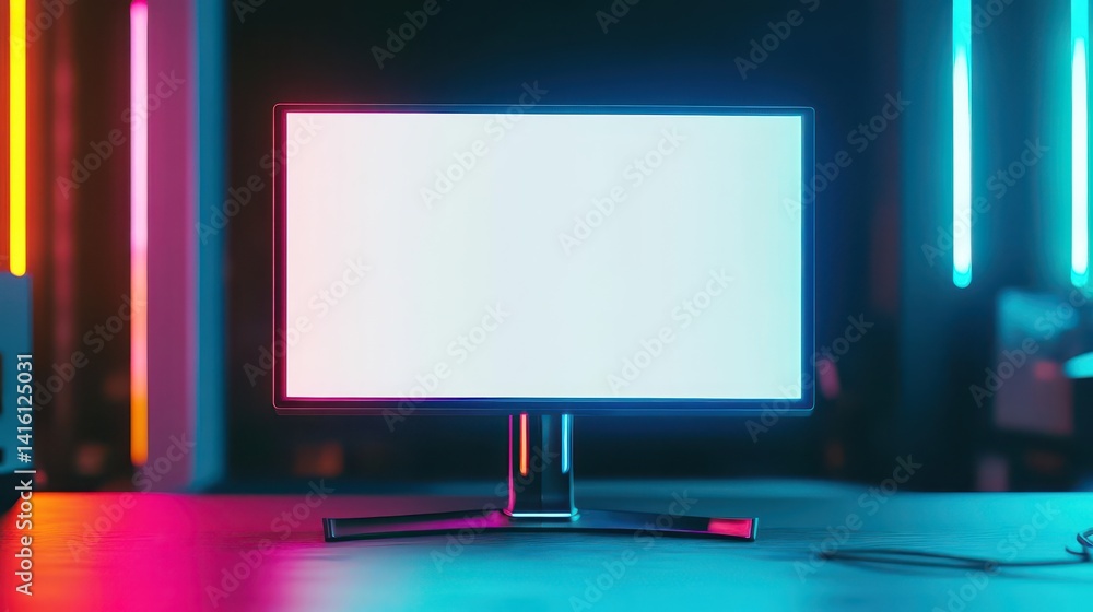Blank mockup of a monitor in a gaming setup with colorful LED lights