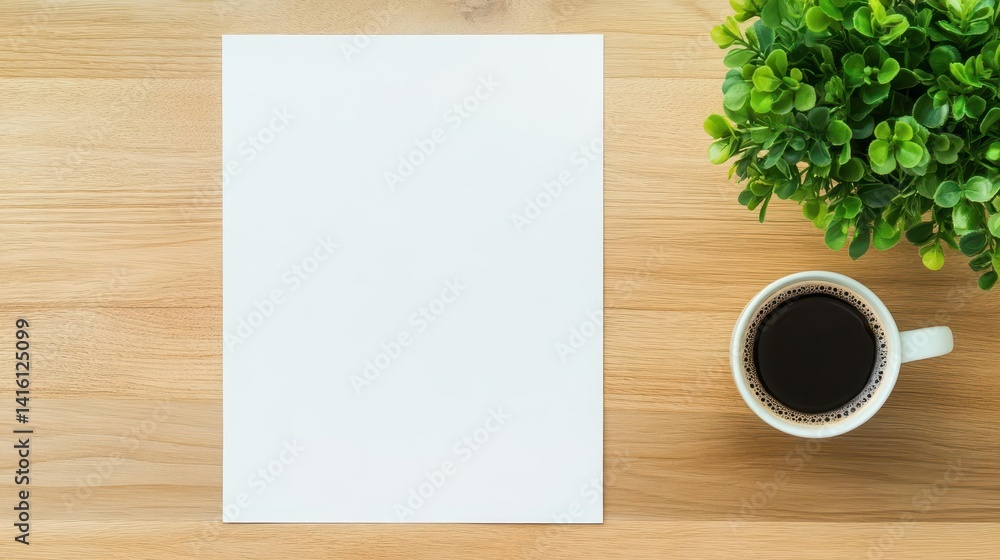 Blank paper on wooden desk with coffee and plant