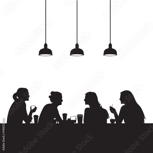 Silhouette Women Chatting at Café Table with Drinks Vector