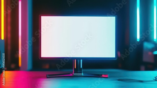 Obraz na płótnie Blank mockup of a monitor in a gaming setup with colorful LED lights w salonie