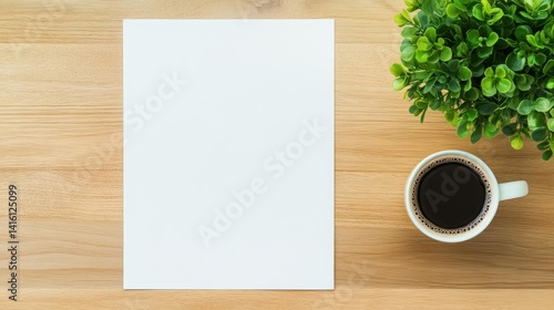 Obraz na płótnie Blank paper on wooden desk with coffee and plant w salonie