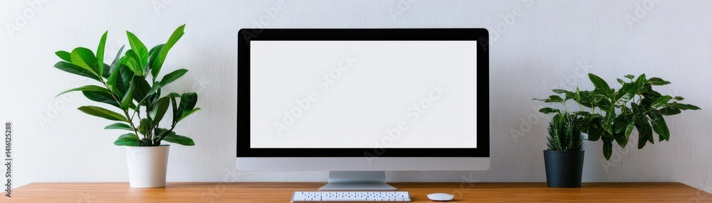 Blank screen of monitor in computer on wooden office desk in stylish business room with white wall and mock up Light interior of office space with plants and laptop in vintage styl