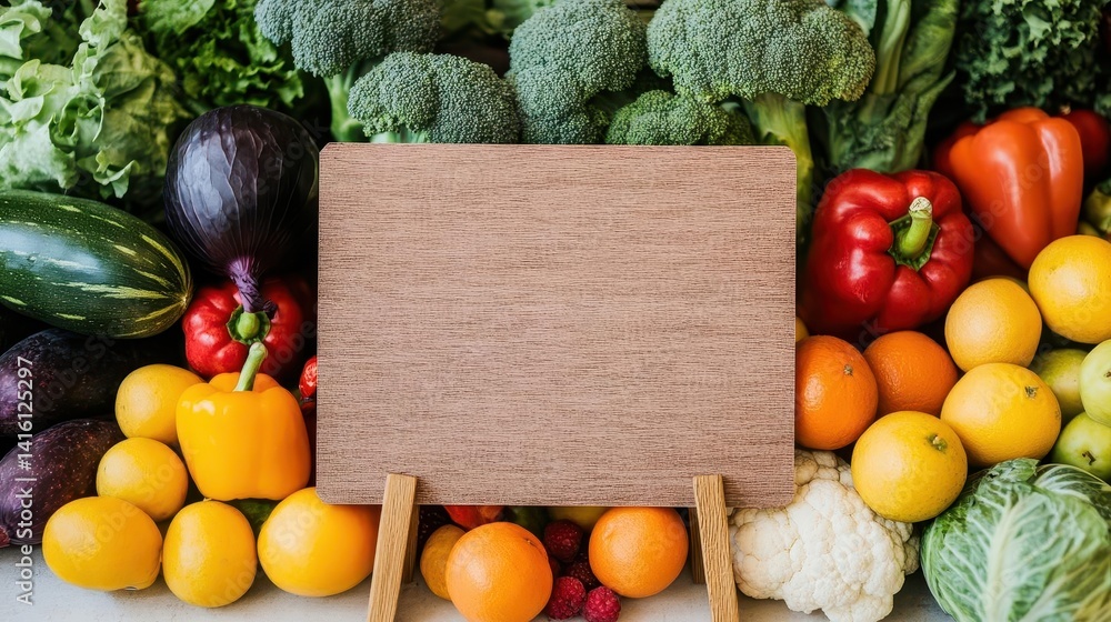 Blank sign is displayed in a grocery store near fresh fruits and vegetables