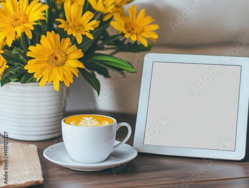 Obraz na płótnie Blank screen tablet and a cup of coffee in comfortable workplace w salonie